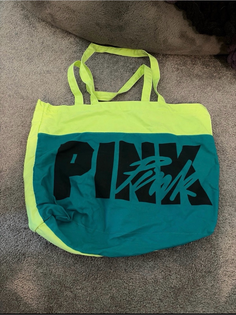 PINK Victoria's Secret Two-Tone Neon Lime & Teal Canvas Tote